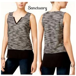 Sanctuary Black/White/Silver Metali Tweed Sleeveless Top w/Black Chiffon Peplum